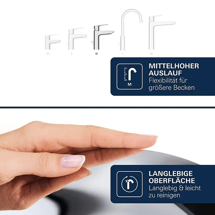 Grohe Dice Waschtischarmatur M-Size - Höhe: 172 mm, Chrom, Glänzend - Verchromte Armaturen in verschiedenen Größen (XS-XL). Merkmale: mittelhoher Auslauf für große Becken, langlebige und leicht zu reinigende Oberfläche.