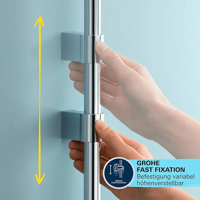 Grohe Vitalio Start Duschsystem 250 - Höhe: 112 cm, Lochabstand: 101 cm, Anzahl Strahlarten: 2 Stk., Chrom - Chromfarbene Brausestange mit Händen, die die höhenverstellbare Befestigung zeigen.