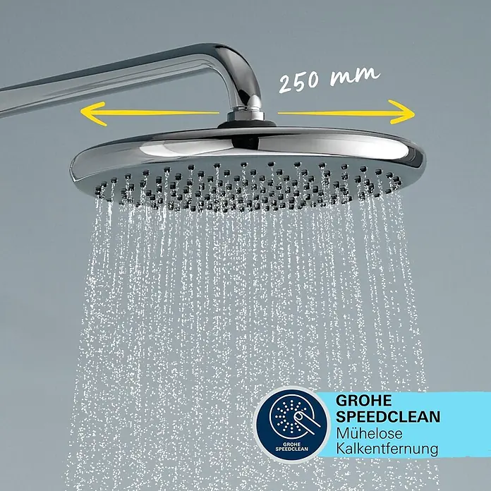 Grohe Vitalio Start Duschsystem 250 - Höhe: 112 cm, Lochabstand: 101 cm, Anzahl Strahlarten: 2 Stk., Chrom - Chromfarbener Duschkopf, 250 mm Durchmesser, der Wasser spendet. Mit Grohe SpeedClean für mühelose Kalkentfernung.