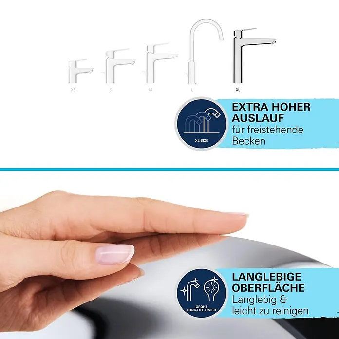 Grohe Start Waschtischarmatur XL-Size - Ausladung Armatur: 173 mm, Chrom, Glänzend - Verchromte Wasserhähne in XS-XL Größen, mit extra hohem Auslauf für freistehende Becken und einer langlebigen, leicht zu reinigenden Oberfläche.