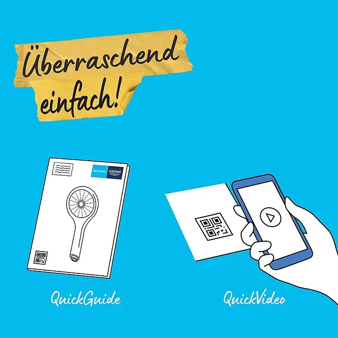 Grohe Vitalio Comfort Handbrause 110 - Anzahl Funktionen: 3 Stk., Durchmesser: 110 mm, Chrom - QuickGuide-Handbuch mit Brausekopf und QuickVideo via QR-Code auf Smartphone, bewirbt überraschend einfache Produktinstallation.
