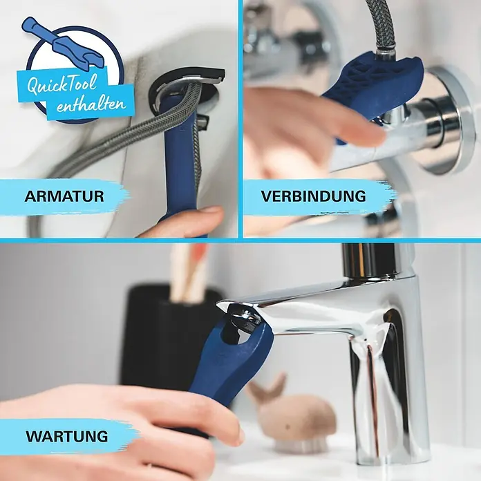 Grohe Swift Waschtischarmatur M-Size - Ausladung Armatur: 116 mm, Chrom, Glänzend - Blaues multifunktionales QuickTool, gezeigt bei Installation und Wartung von Armaturen und Anschlüssen.