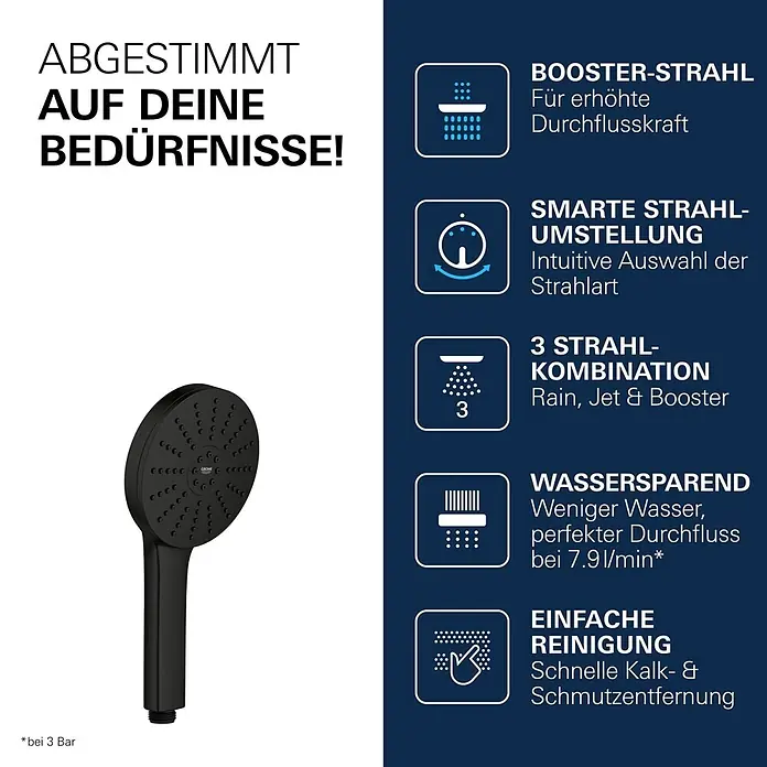 Grohe Vitalio Joy Handbrause 120 - Anzahl Funktionen: 3 Stk., Durchmesser: 120 mm, Mattschwarz - Schwarzer Handbrause-Duschkopf mit runder Form.