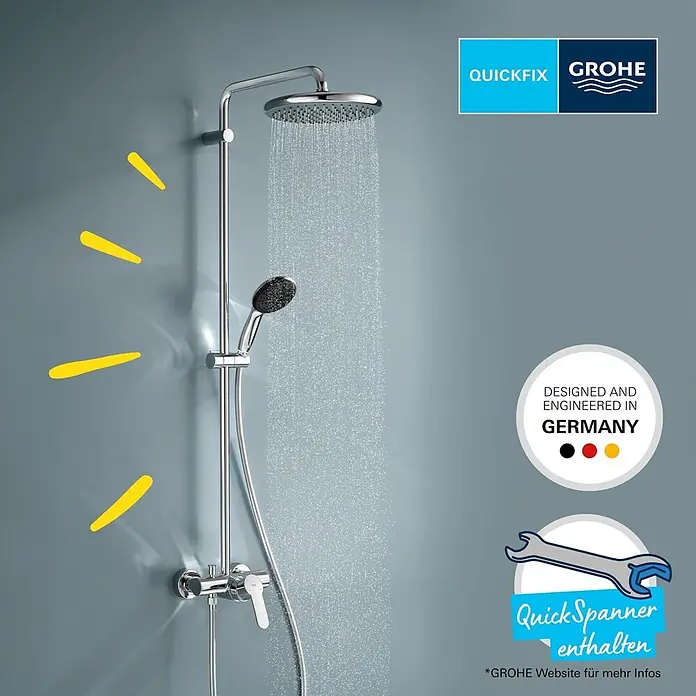 Grohe Vitalio Start Duschsystem 250 - Höhe: 112 cm, Lochabstand: 101 cm, Anzahl Strahlarten: 2 Stk., Chrom - Verchromtes Grohe Duschsystem mit Regenbrause und Handbrause, beide aktiv Wasser sprühend.