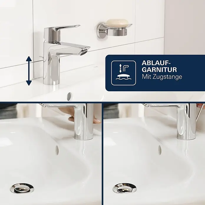 Grohe Dice Waschtischarmatur M-Size - Höhe: 172 mm, Chrom, Glänzend - Verchromte Waschtischarmatur mit Zugstangen-Ablaufgarnitur. Der Abflussstopfen ist im Waschbecken geschlossen und geöffnet dargestellt.