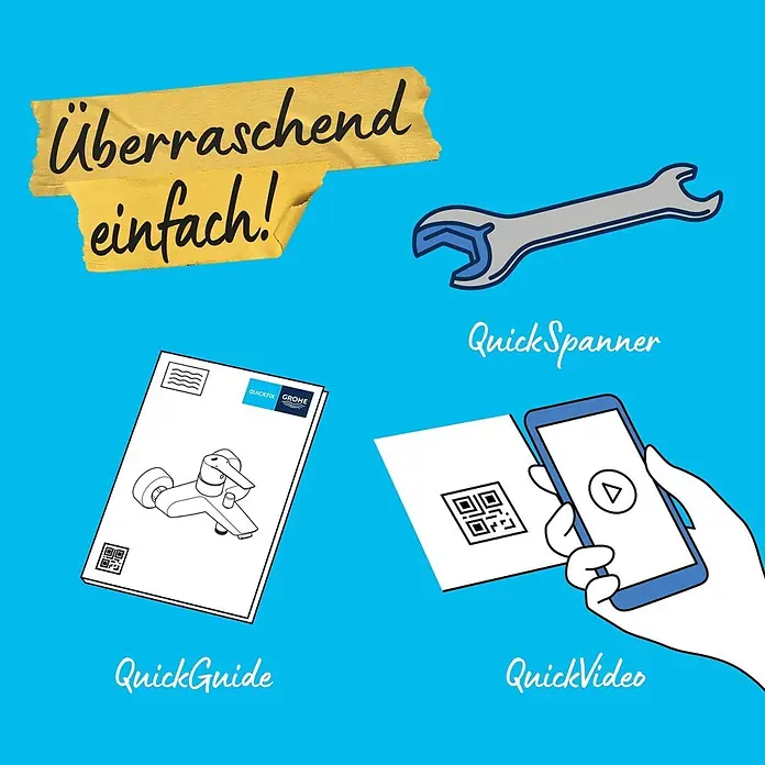Grohe Badewannenstandarmatur Start - Höhe: 96 mm, Chrom, Glänzend - Illustration zur einfachen Produktinstallation mit Schraubenschlüssel, GROHE Armatur-Anleitung und Smartphone für Video-Anleitung.