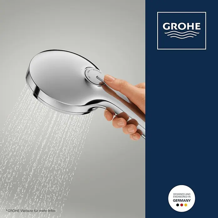 Grohe Vitalio Joy Handbrause 120 - Anzahl Funktionen: 3 Stk., Durchmesser: 120 mm, Chrom - Chromfarbene Handbrause, von einer Hand gehalten, versprüht Wasser. Mit Wahlschalter für „Rain“, „Jet“ und „Booster“ Strahlarten.