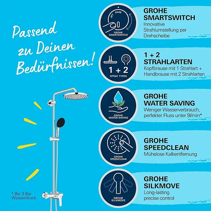 Grohe Vitalio Start Duschsystem 250 - Höhe: 112 cm, Lochabstand: 101 cm, Anzahl Strahlarten: 2 Stk., Chrom - Verchromtes GROHE Duschsystem mit Handbrause, mit SmartSwitch, Wasserspar- und Reinigungsfunktionen.