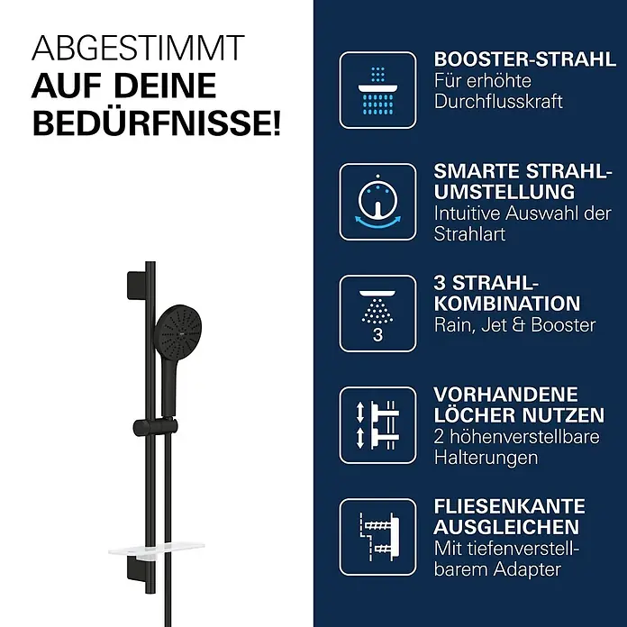 Grohe Vitalio Joy Brausearmatur 120 - Schwarz, Durchflussmenge: 6,3 l/min - Schwarzes Duschsystem mit Handbrause, Duschstange und integrierter Ablage.