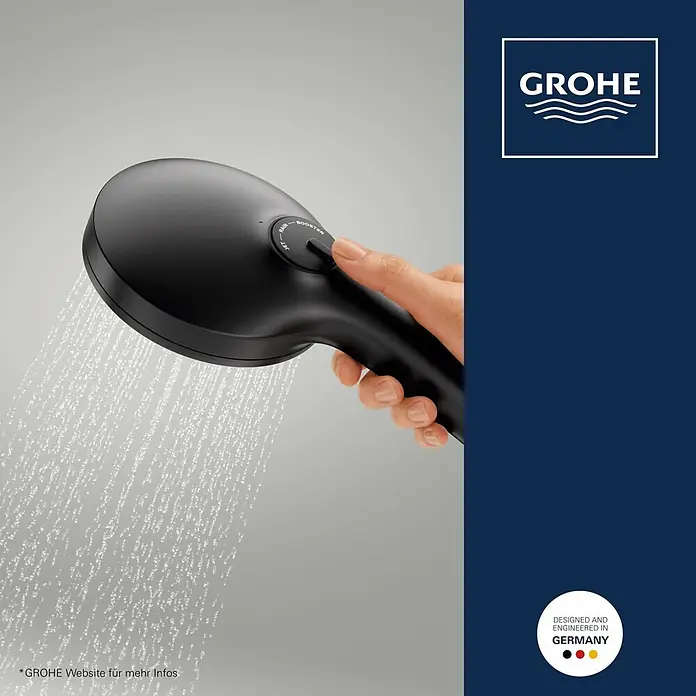 Grohe Vitalio Joy Handbrause 120 - Anzahl Funktionen: 3 Stk., Durchmesser: 120 mm, Mattschwarz - Eine Hand hält einen mattschwarzen Duschkopf, aus dem Wasser sprüht. Der verstellbare Kopf bietet RAIN-, JET- und BOOSTER-Strahlarten.