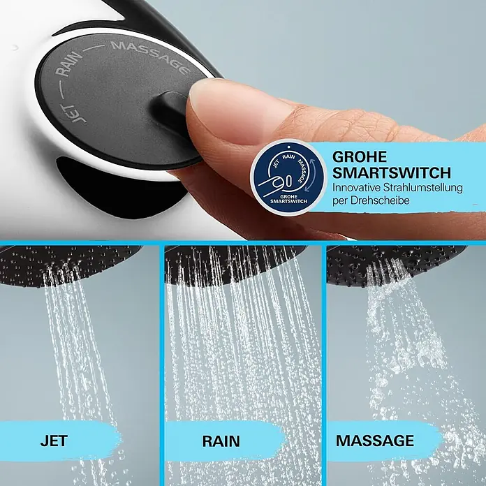 Grohe Vitalio Comfort Handbrause 110 - Anzahl Funktionen: 3 Stk., Durchmesser: 110 mm, Chrom - Grohe Duschkopf mit SmartSwitch zur Strahlartenumstellung (Jet, Rain, Massage). Eine Hand betätigt den Drehregler.