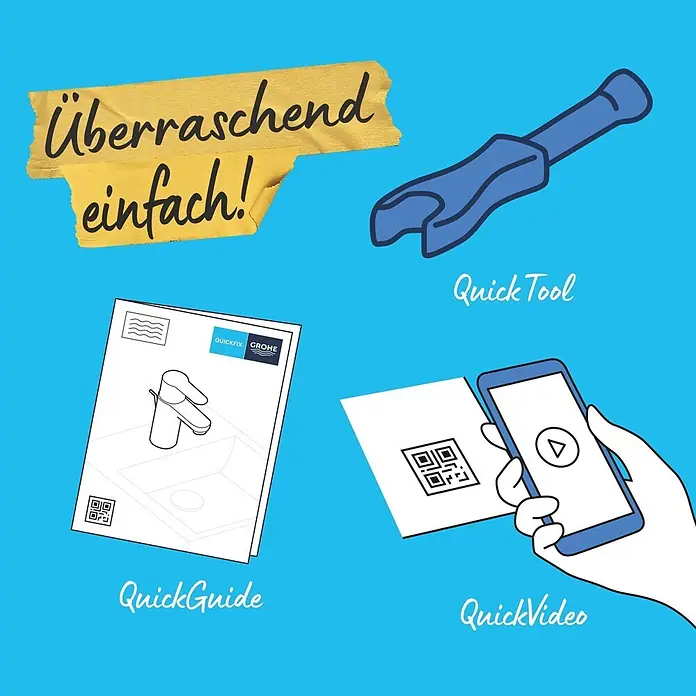 Grohe Swift Waschtischarmatur M-Size - Ausladung Armatur: 116 mm, Chrom, Glänzend - Illustration mit Elementen für einfache Installation: blaues Werkzeug, Wasserhahn-Anleitung, Smartphone mit Video über QR-Code. Text: „überraschend einfach!“