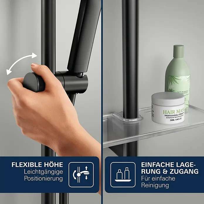 Grohe Vitalio Joy Brausearmatur 120 - Schwarz, Durchflussmenge: 6,3 l/min - Hand verstellt schwarzen Duschkopfhalter für flexible Höhe. Transparente Duschablage mit Produkten für einfache Lagerung & Reinigung.
