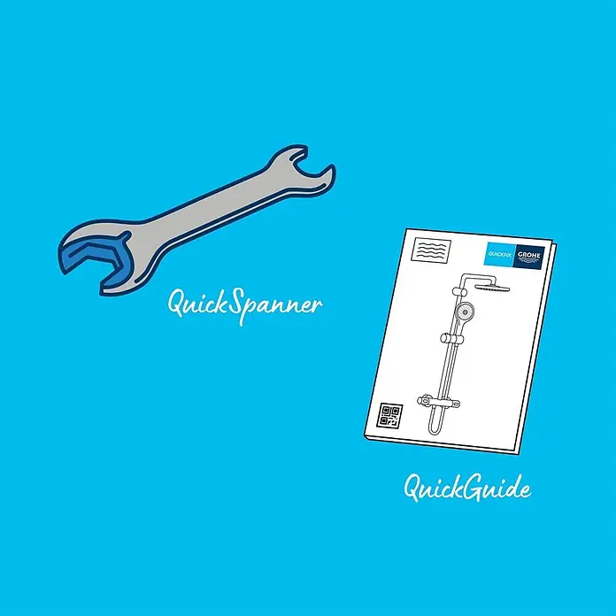 Grohe Vitalio Start Duschsystem 250 - Höhe: 112 cm, Lochabstand: 101 cm, Anzahl Strahlarten: 2 Stk., Chrom - Grauer QuickSpanner Schraubenschlüssel und Grohe QuickGuide für Duschsystem auf blauem Hintergrund.