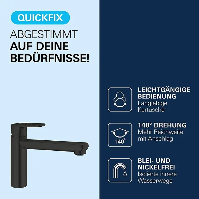 Grohe Start Loop Spültischarmatur - Ausladung Armatur: 222 mm, Schwarz, Matt - Mattschwarze Küchenarmatur auf hell- und dunkelblauem Hintergrund.