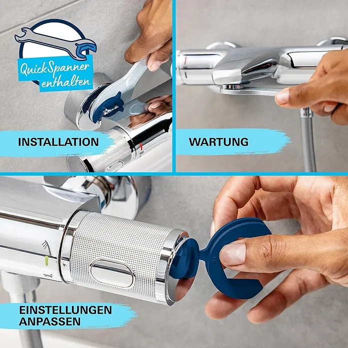 Grohe Vitalio Start Duschsystem 250 - Höhe: 112 cm, Lochabstand: 101 cm, Anzahl Strahlarten: 2 Stk., Chrom - Eine Hand verwendet einen QuickSpanner zur Installation, Wartung und Einstellung eines Chrom-Duschmischers.