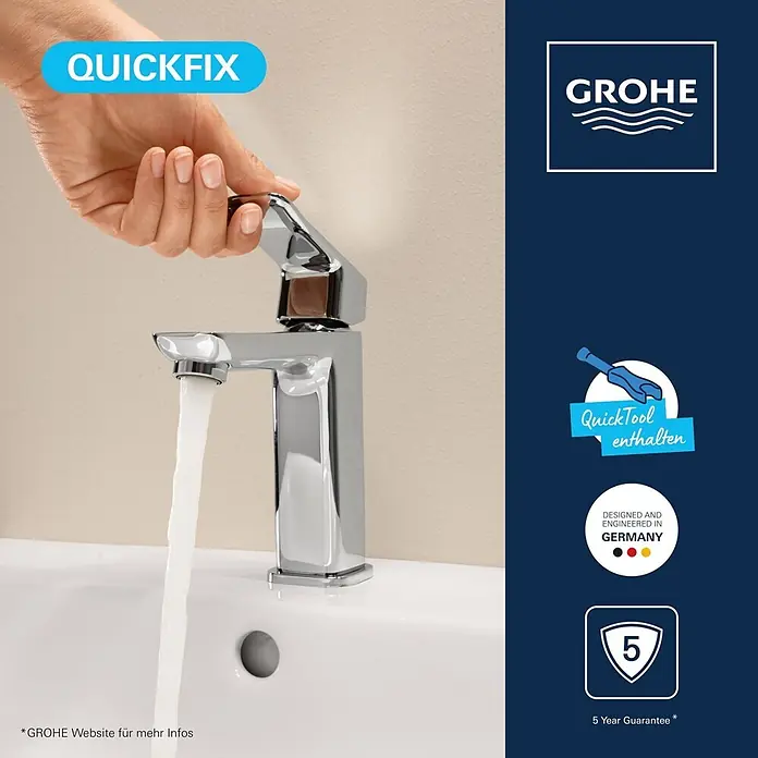 Grohe Dice Waschtischarmatur M-Size - Höhe: 172 mm, Chrom, Glänzend - Chrom-Armatur mit fließendem Wasser im Waschbecken, bedient von einer Hand.