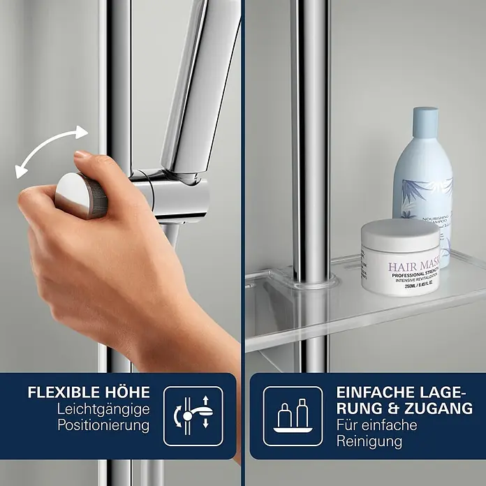 Grohe Vitalio Joy Brausearmatur 120 - Chrom, Durchflussmenge: 6,3 l/min - Verstellbarer Brausehalter an einer Stange, mit einer transparenten Ablage für Pflegeprodukte. Ermöglicht flexible Höhe und leichten Zugriff.
