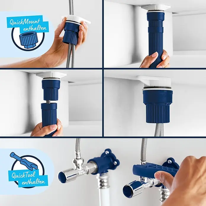 Grohe Start Loop Spültischarmatur - Ausladung Armatur: 222 mm, Schwarz, Matt - Installationsschritte für Sanitärarmatur. Zeigt blaues Kunststoff-Quick-Mount und Spezial-Quick-Tool zum Befestigen von Anschlüssen.