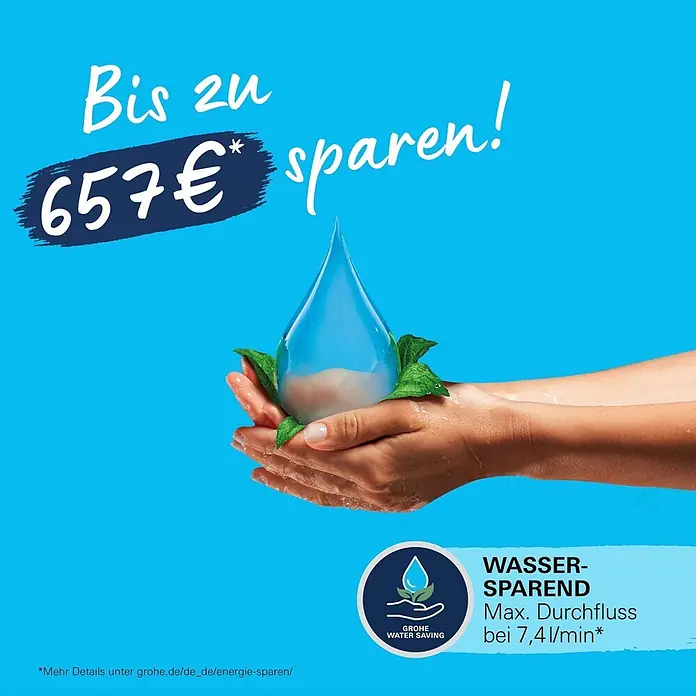 Grohe Vitalio Comfort Handbrause 110 - Anzahl Funktionen: 3 Stk., Durchmesser: 110 mm, Chrom - Hand hält Wassertropfen mit Blättern, symbolisiert Wassersparen und potenzielle Einsparungen von bis zu 657€.