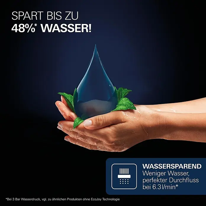 Grohe Vitalio Joy Brausearmatur 120 - Chrom, Durchflussmenge: 6,3 l/min - Hände halten einen großen Wassertropfen und grüne Blätter, symbolisch für Wasserspartechnologie.