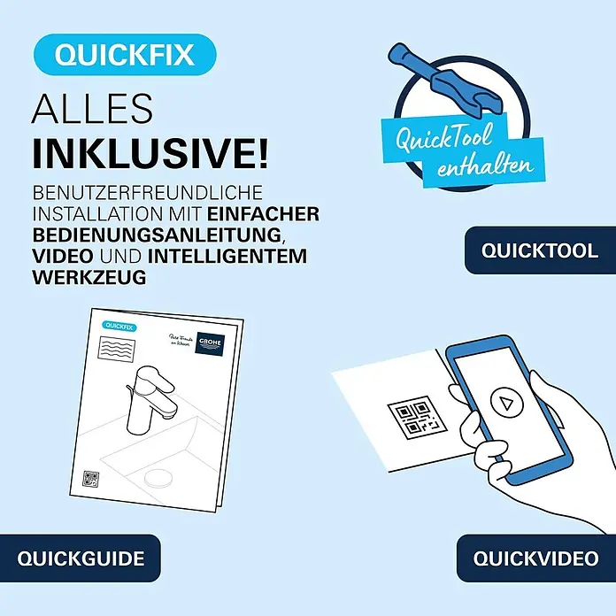 Grohe Dice Waschtischarmatur M-Size - Höhe: 172 mm, Schwarz, Matt - QuickFix System: Benutzerfreundliche Installation mit Handbuch (QuickGuide), Video (QuickVideo) und intelligentem Werkzeug (QuickTool).