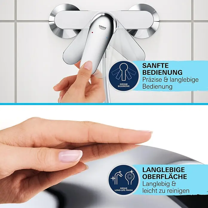 Grohe Badewannenstandarmatur Start - Höhe: 96 mm, Chrom, Glänzend - Eine Hand betätigt eine glänzende Chrom-Grohe-Armatur, die sanfte Bedienung und langlebige, leicht zu reinigende Oberfläche hervorhebt.