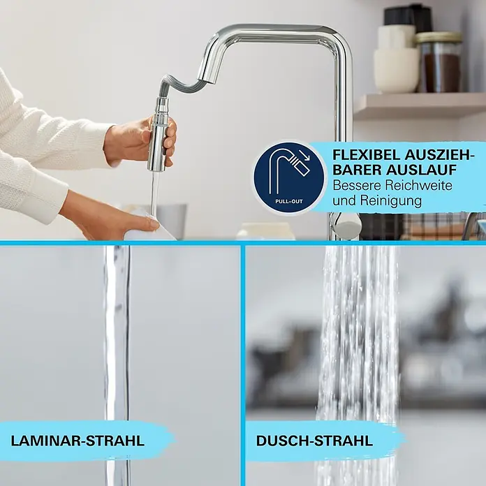 Grohe Start Loop Spültischarmatur - Chrom, Glänzend, Höhe: 357 mm - Verchromte ausziehbare Küchenarmatur, die ihren flexiblen Auslauf und zwei Wasserstrahlarten (Laminar- und Duschstrahl) zeigt.