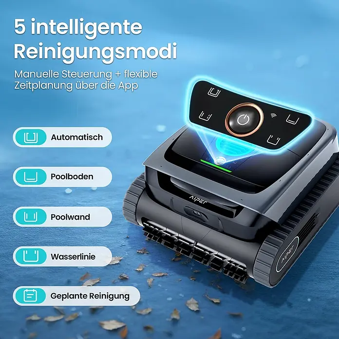 Aiper Poolroboter Scuba S3 - Akkubetrieben, Passend für: Private Pools bis ca. 150 m²; Beton, Fiberglas, Vinyl/Folie, Fliesen, Filterleistung: 18.000 l/h - Dunkelgrauer Poolroboter mit beleuchtetem Bedienfeld. 5 Reinigungsmodi: Automatisch, Poolboden, Wand, Wasserlinie, Zeitplan, per App steuerbar.