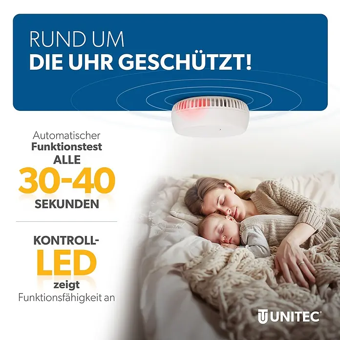 UniTEC Rauchwarnmelder Kriwan/TÜV - Durchmesser: 90 mm, Alarmsignal: 85 dB - Weißer Rauchmelder mit roter Kontroll-LED, schützt schlafende Mutter und Baby.