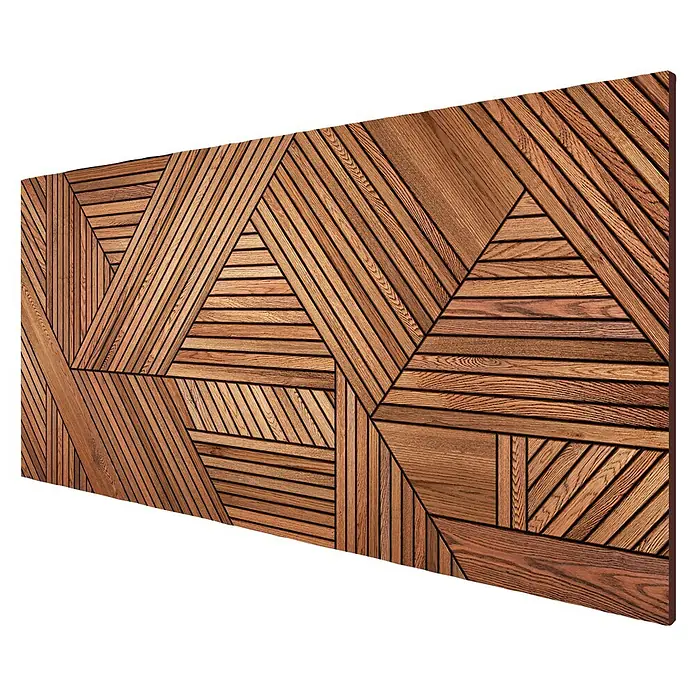 Cabecero de cama Atlas - L x An: 135 x 60 cm, Marrón - Panel decorativo de madera marrón con un patrón geométrico de tablones triangulares y lineales.