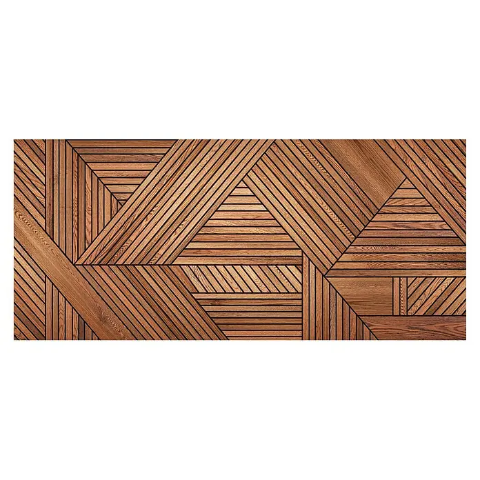 Cabecero de cama Atlas - L x An: 135 x 60 cm, Marrón - Revestimiento de madera marrón geométrico con tablones dispuestos horizontal, vertical y diagonalmente formando triángulos.