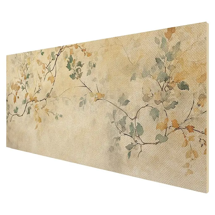 Cabecero de cama Sakura - L x An: 160 x 60 cm, Beige - Panel de arte rectangular con un estampado botánico de acuarela de ramas y hojas en tonos verdes y dorados.
