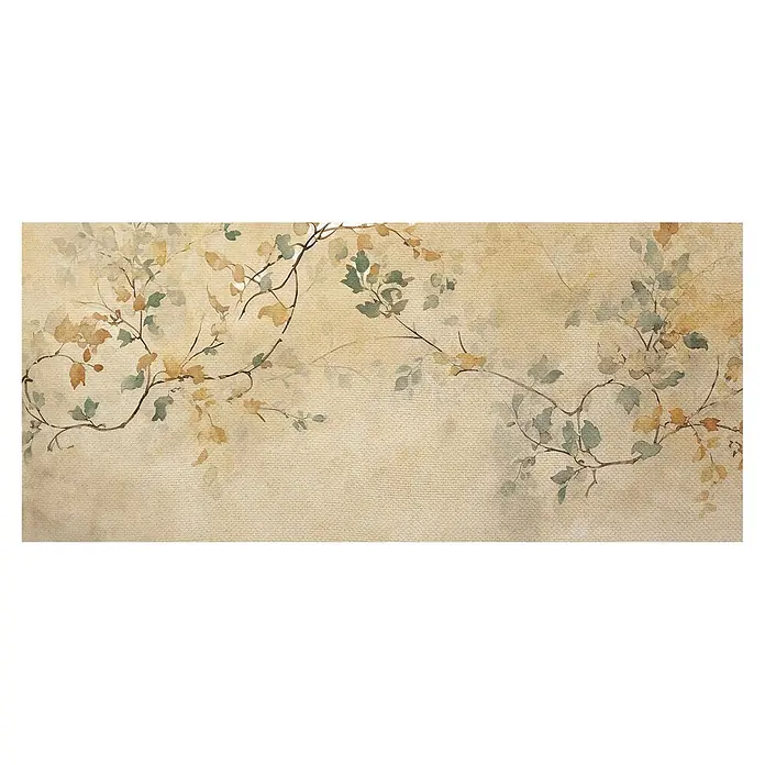 Cabecero de cama Sakura - L x An: 160 x 60 cm, Beige - Patrón de acuarela de ramas y hojas en tonos tierra sobre fondo beige texturizado.