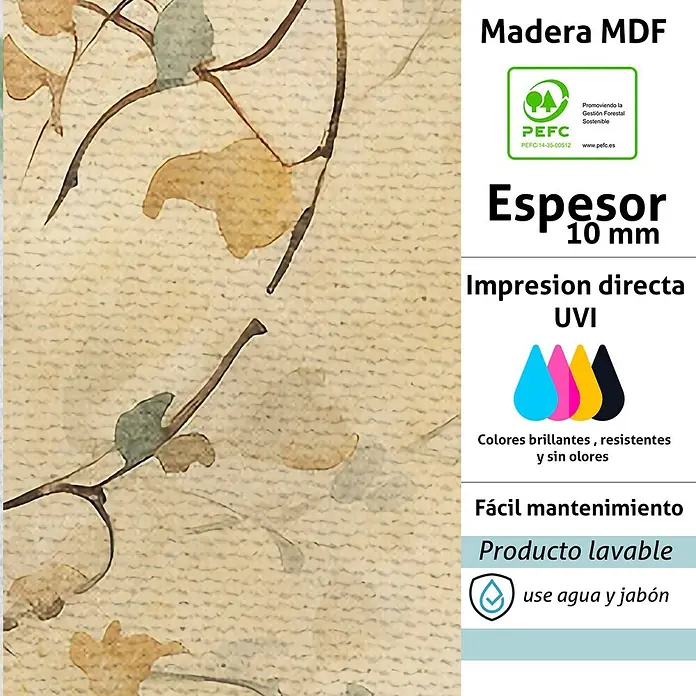 Cabecero de cama Sakura - L x An: 160 x 60 cm, Beige - Panel decorativo de madera MDF de 10mm de grosor con fondo claro texturizado y diseño floral marrón/verde. Impresión UVI, colores brillantes, resistentes y lavables.