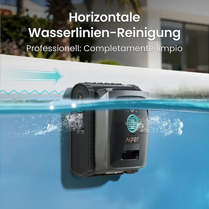 Aiper Poolroboter Scuba S3 - Akkubetrieben, Passend für: Private Pools bis ca. 150 m²; Beton, Fiberglas, Vinyl/Folie, Fliesen, Filterleistung: 18.000 l/h - Ein dunkelgrauer und schwarzer Poolroboter mit türkisen Akzenten, teilweise untergetaucht, reinigt die Wasserlinie eines Schwimmbeckens.