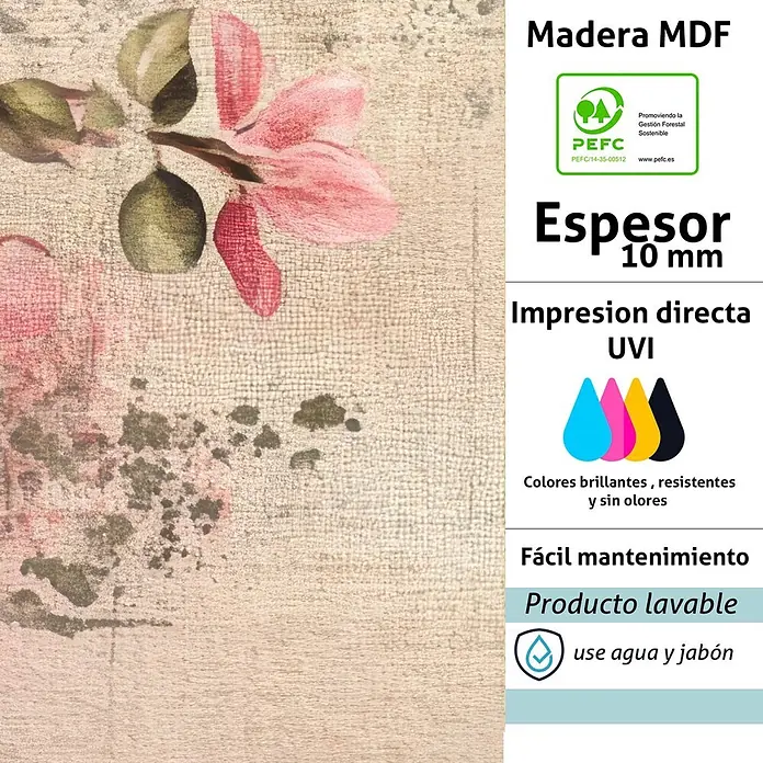 Cabecero de cama Magnolia - L x An: 95 x 60 cm, Beige - Panel MDF de 10mm con delicado patrón floral de flores rosas y hojas verdes sobre un fondo claro texturizado. Lavable y certificado PEFC.