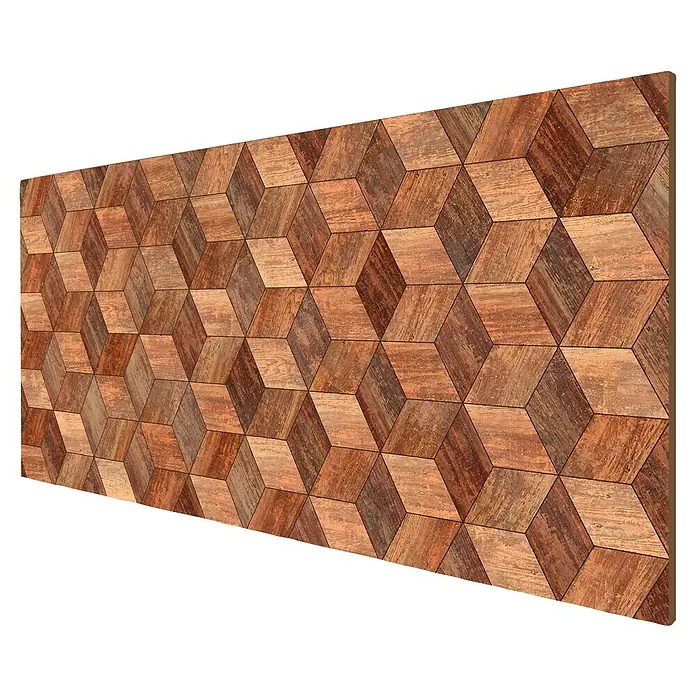 Cabecero de cama Cubic - L x An: 95 x 60 cm, Natural - Panel de pared de madera rústica con patrón de cubos 3D en tonos cálidos de marrón y naranja.