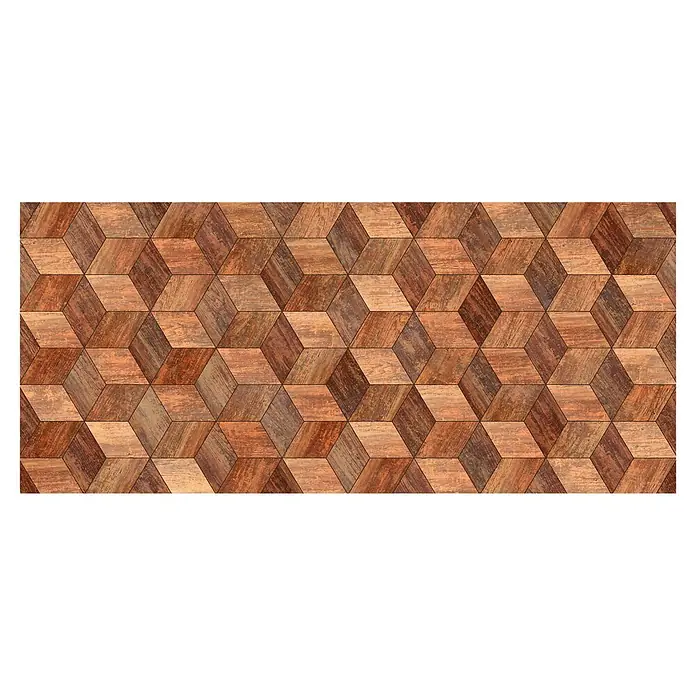 Cabecero de cama Cubic - L x An: 95 x 60 cm, Natural - Suelo de parquet geométrico de madera marrón y rojiza, con patrón de cubos 3D.