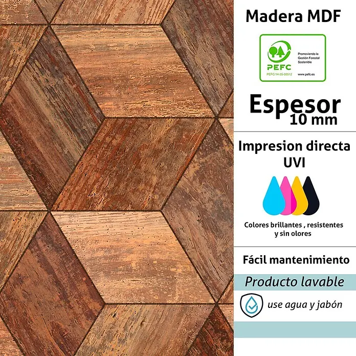 Cabecero de cama Cubic - L x An: 95 x 60 cm, Natural - Panel MDF con patrón geométrico efecto madera, 10mm de grosor, lavable.