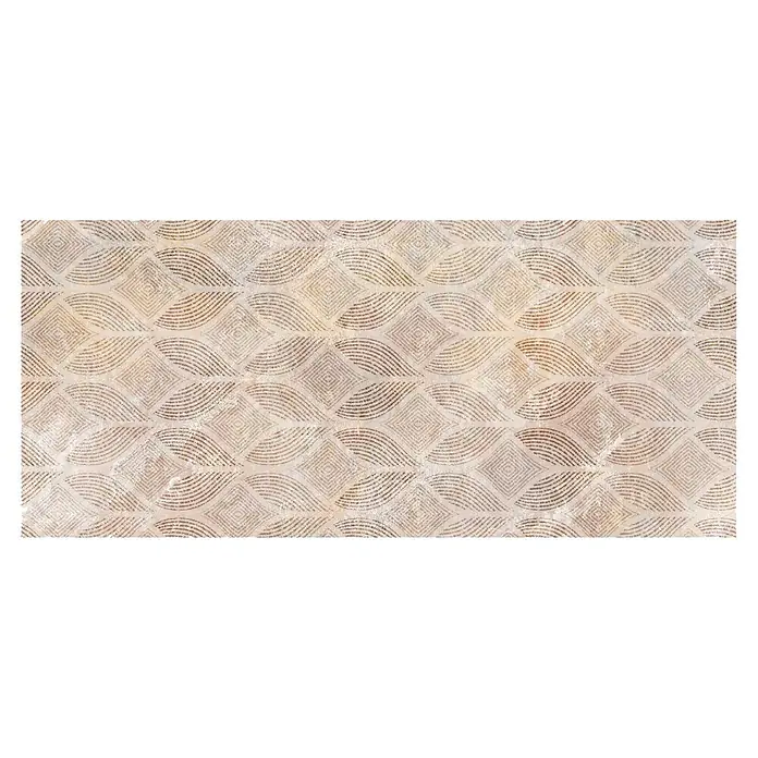 Cabecero de cama Aura - L x An: 105 x 60 cm, Natural - Superficie beige texturizada con patrones geométricos alternos de cuadrados concéntricos y líneas onduladas en tonos marrones.