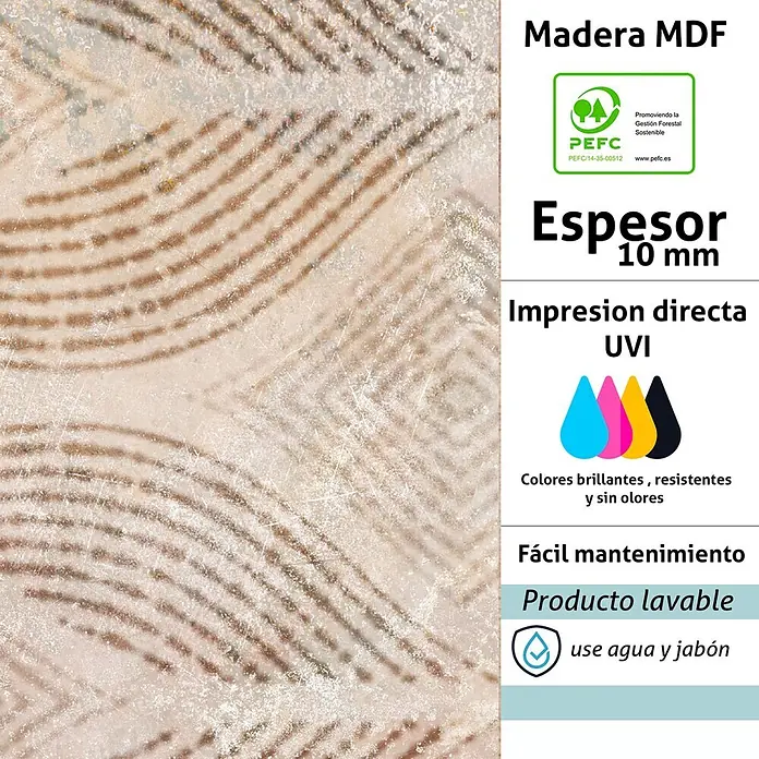 Cabecero de cama Aura - L x An: 105 x 60 cm, Natural - Panel MDF de 10mm con patrón abstracto marrón y beige, impresión UVI, lavable y certificado PEFC.