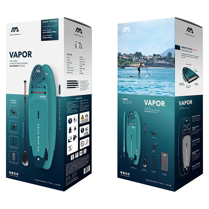 Aqua Marina SUP-Board Vapor - L x B x H: 315 x 79 x 15 cm, Nutzlast: 140 kg, Aufblasbar - Aqua Marina Vapor aufblasbares SUP-Board in Türkis/Mint, auf Verpackung mit Zubehör präsentiert.