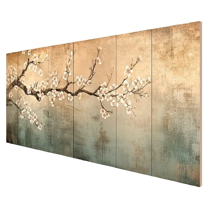 Cabecero de cama Hanami - L x An: 115 x 60 cm, Natural - Lienzo multipanel con rama de cerezo en flor y flores blancas sobre fondo abstracto beige y verde azulado.