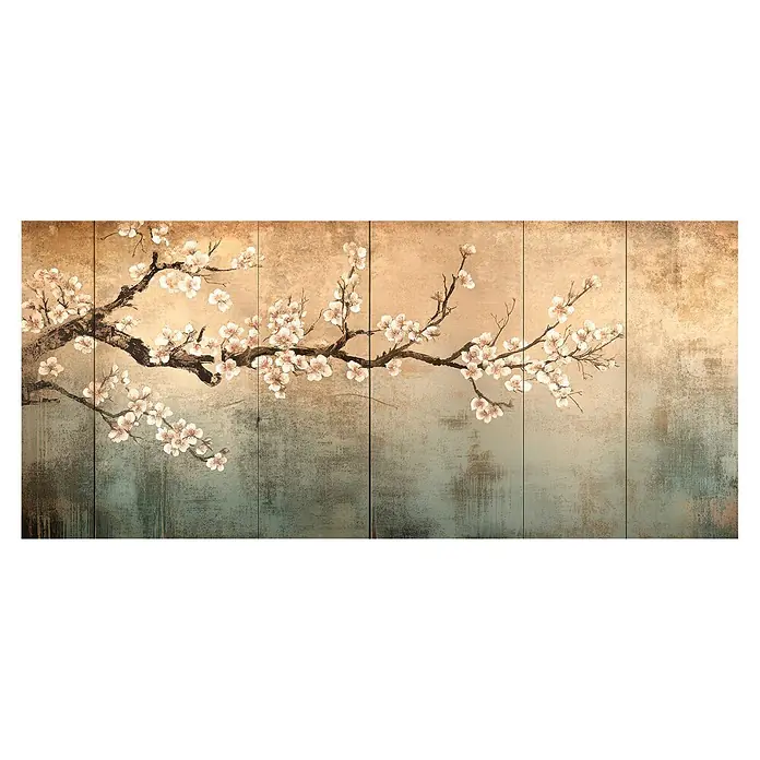 Cabecero de cama Hanami - L x An: 115 x 60 cm, Natural - Arte de pared multipanel con rama de cerezo en flor blanca-rosa sobre fondo texturizado dorado y verde azulado.