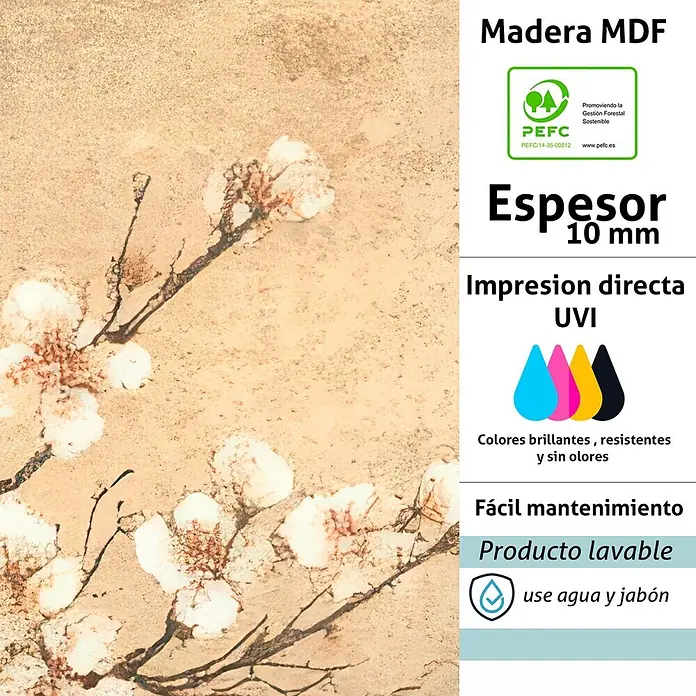 Cabecero de cama Hanami - L x An: 115 x 60 cm, Natural - Panel MDF de 10mm de grosor con diseño detallado de flor de cerezo sobre fondo beige texturizado.