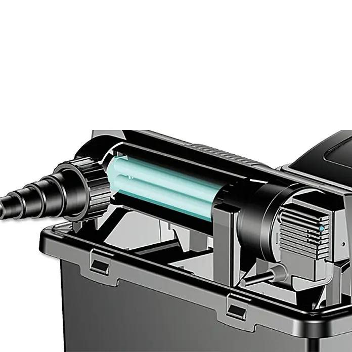 Oase BioSmart Filtro en línea set BioSmart 14000 - 70 W, Dimensión de estanque: 14 m³ - Primer plano de un clarificador de estanque UV-C, que garantiza agua limpia matando algas y bacterias.