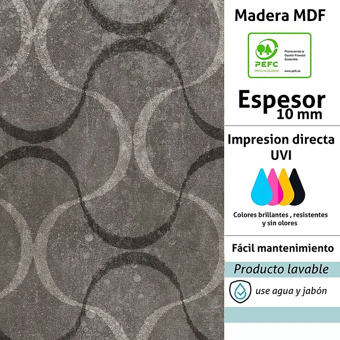 Cabecero de cama Órbita - L x An: 160 x 60 cm, Gris - Panel de MDF gris oscuro de 10 mm con patrones circulares abstractos gris claro y oscuro, lavable.