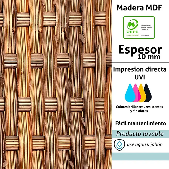 Cabecero de cama Ratán - L x An: 135 x 60 cm, Marrón - Panel MDF con diseño de madera trenzada, 10mm de grosor, impresión directa UVI con colores brillantes e inodoros, lavable con agua y jabón.