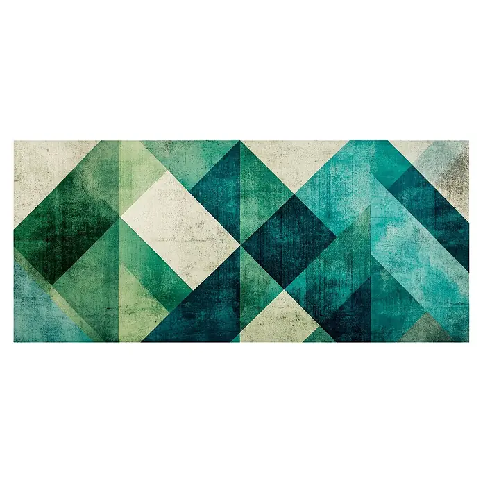 Cabecero de cama Nordic - L x An: 105 x 60 cm, Verde - Panel de arte geométrico abstracto con textura desgastada en tonos verdes, aguamarina y blanco roto.